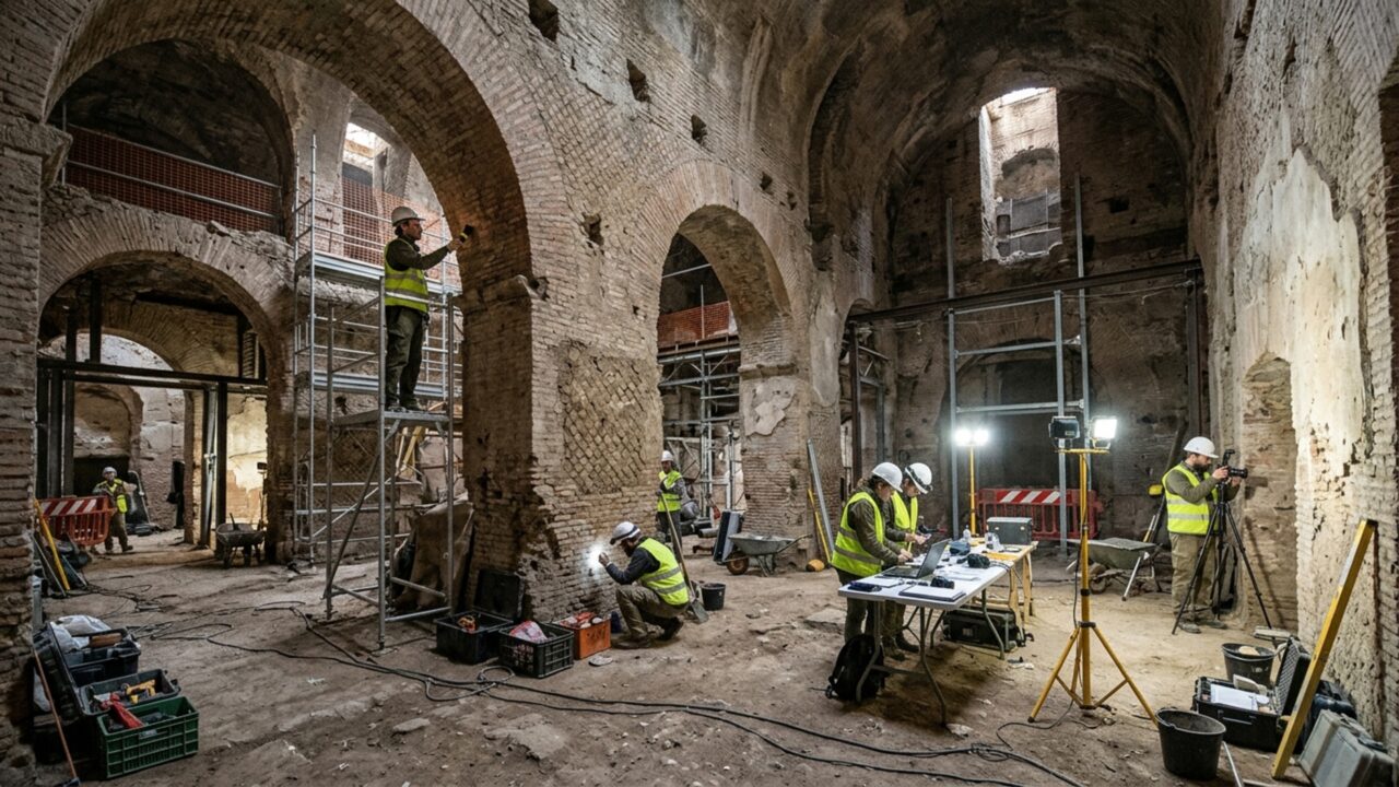 Um mosaico de 16 metros surgiu sob as Termas de Trajano e pode ser o maior painel de parede conhecido da Roma antiga