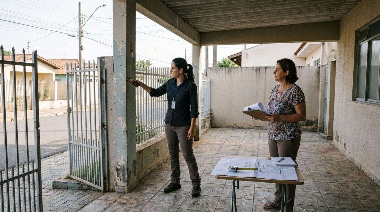 Família compra um lote em rua residencial, constrói a garagem na parte da frente e descobre que o projeto não respeita o recuo obrigatório quando tenta regularizar a obra
