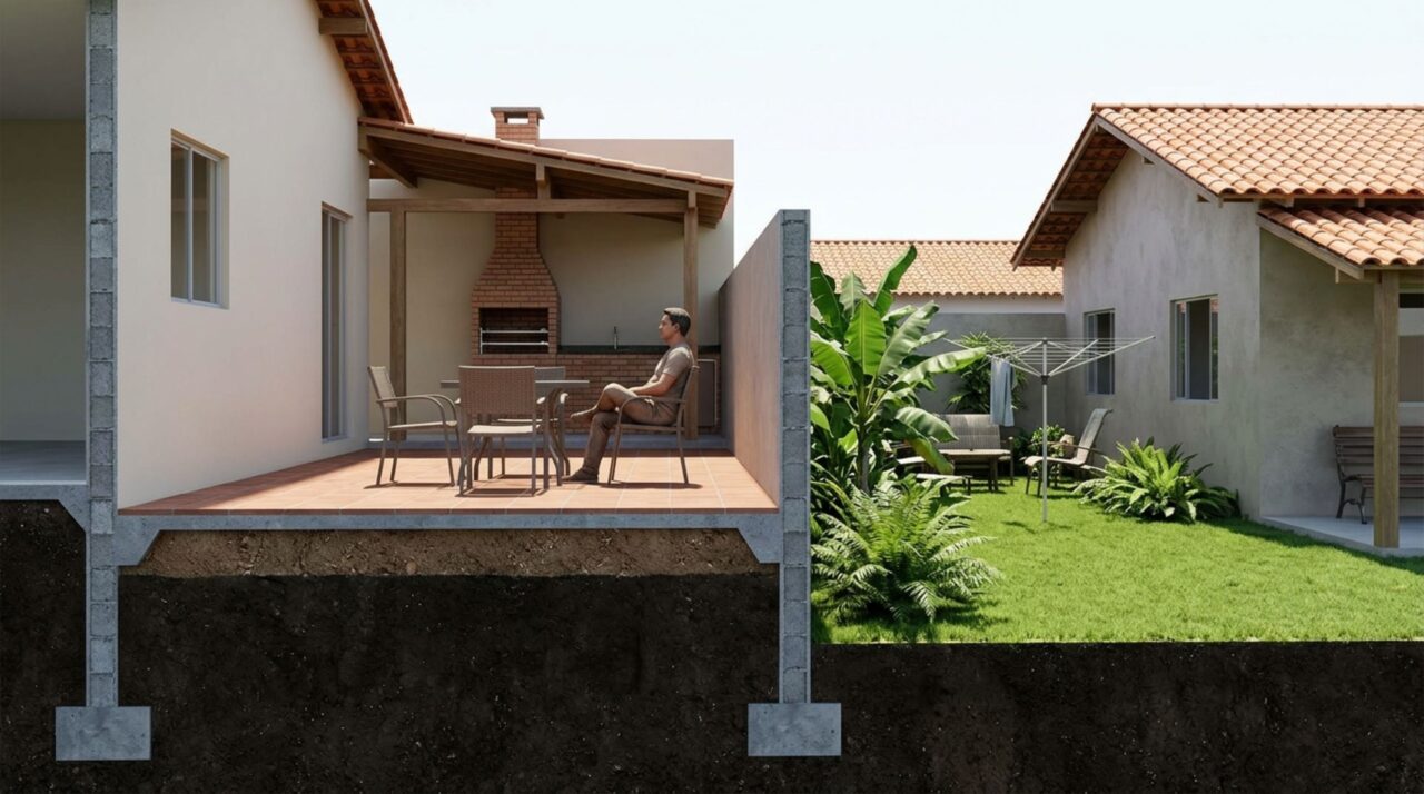A diferença de nível entre o piso elevado e o quintal vizinho modifica a linha de visão sobre o muro e pode exigir adaptações no projeto da churrasqueira