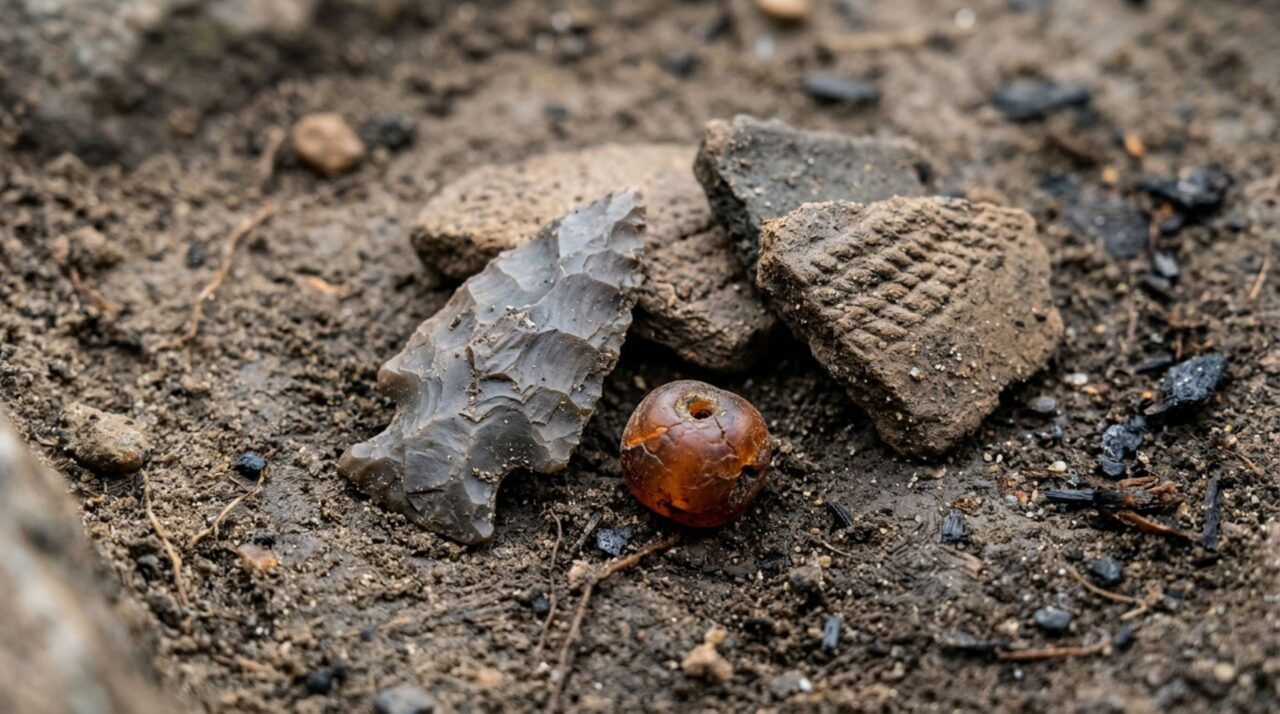 Ponta de flecha, conta de âmbar e fragmentos de cerâmica estão entre os objetos recuperados na antiga estrutura funerária de Svinesund