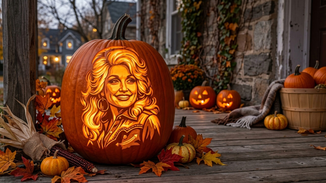 Artista faz escultura de abóboras em homenagem a Dolly Parton com retrato de abóbora de Halloween
