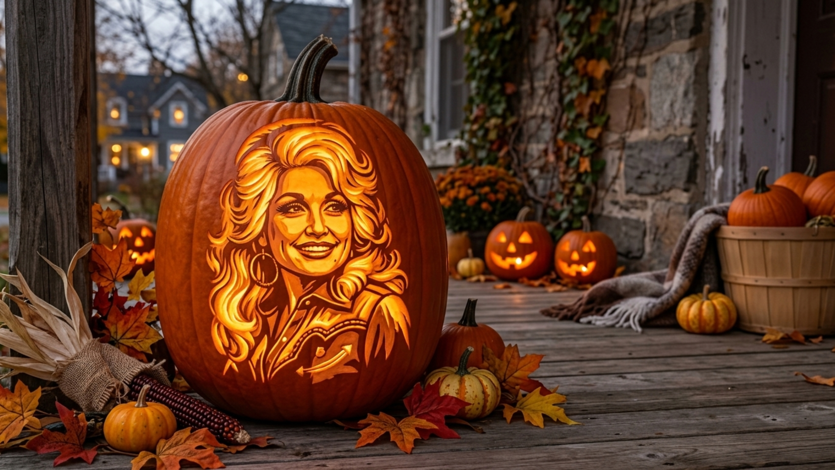 Artista faz escultura de abóboras em homenagem a Dolly Parton com retrato de abóbora de Halloween
