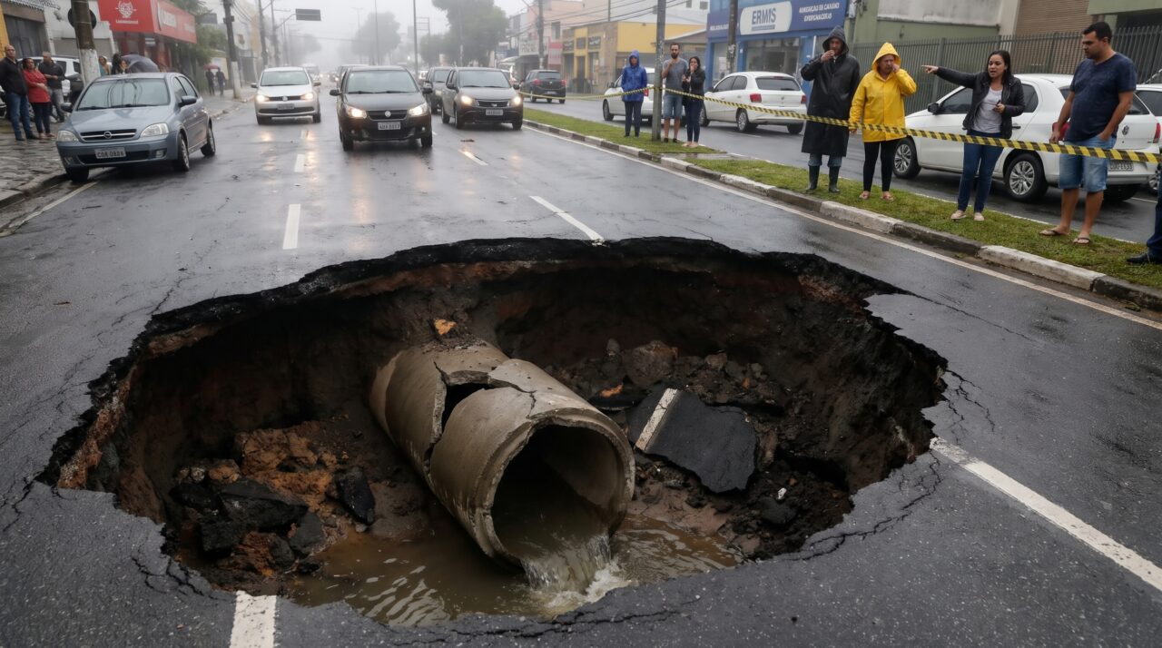 Uma estrada pode parecer sólida na superfície enquanto dezenas de pequenas cavidades começam a crescer por baixo depois que a água encontra uma saída no aterro