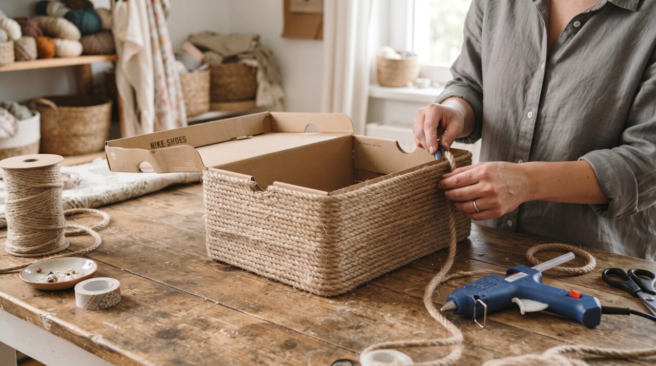 Como transformar caixa de sapato em cesto organizador com sisal