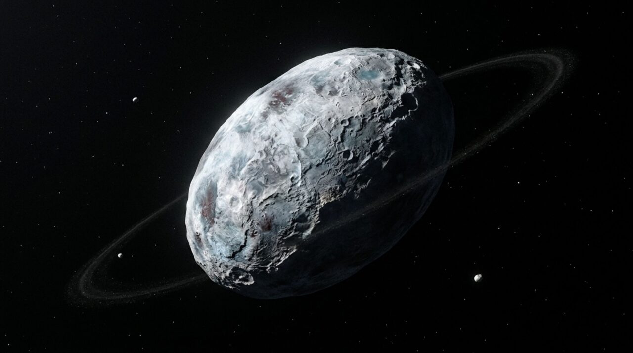 Haumea completa uma rotação em poucas horas e gira tão rápido que o planeta anão ficou alongado em vez de redondo