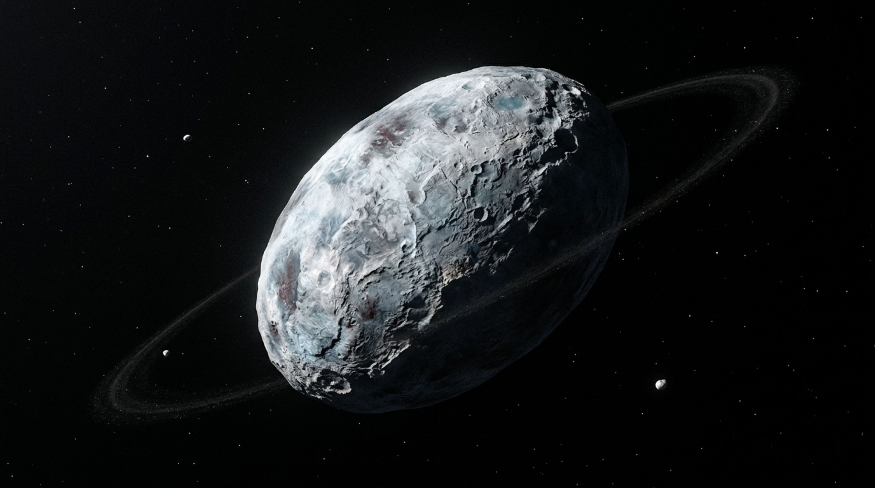 Haumea completa uma rotação em poucas horas e gira tão rápido que o planeta anão ficou alongado em vez de redondo