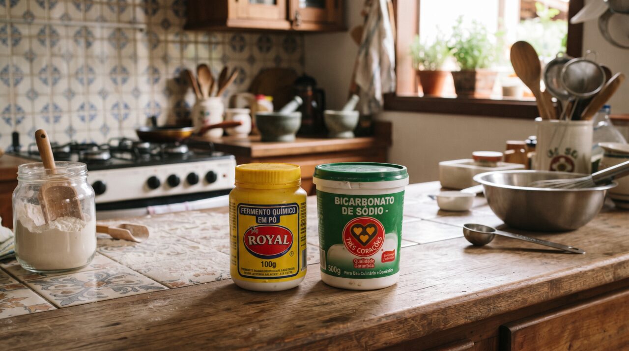 Diferenças entre fermento em pó e bicarbonato de sódio na culinária.