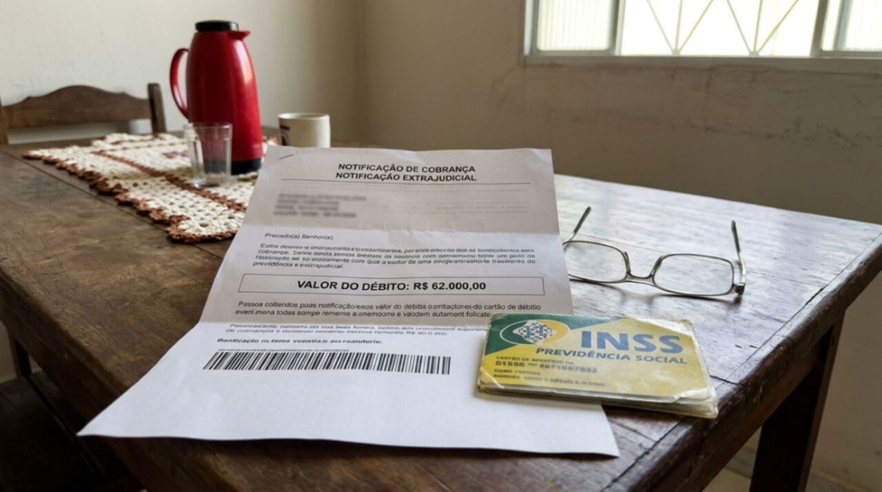 Carta de cobrança de empréstimo de R$ 62 mil sobre mesa de madeira, acompanhada de cartão do INSS e óculos de leitura