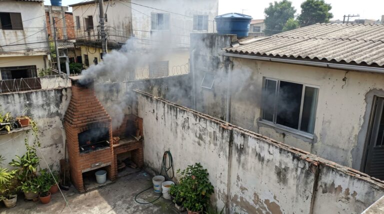 Fumaça intensa de churrasqueira de alvenaria atravessa o muro e invade a janela aberta da casa vizinha