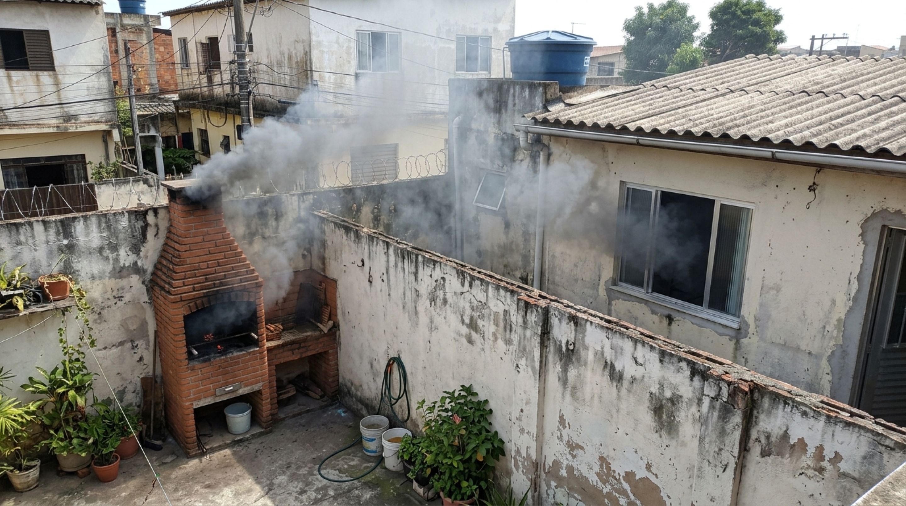 Morador constrói uma churrasqueira no quintal para reunir a família aos domingos e descobre que a fumaça está entrando pela janela da casa vizinha