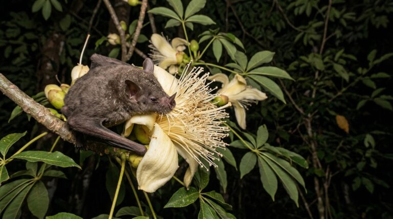 Morcegos transportam pólen da sumaúma ao visitar flores noturnas em busca de néctar