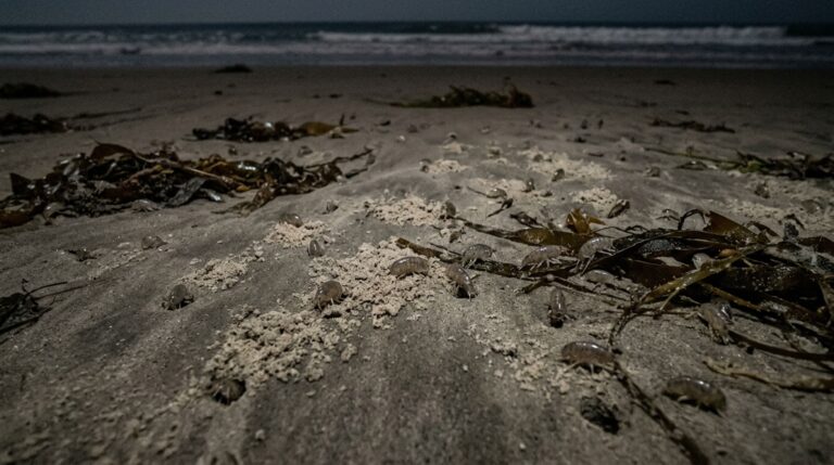 Milhares de pulgas-da-praia escavam a areia durante a noite