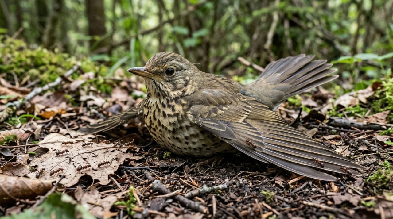 No anting passivo, algumas aves permanecem sobre áreas com formigas e permitem que os insetos percorram sua plumagem