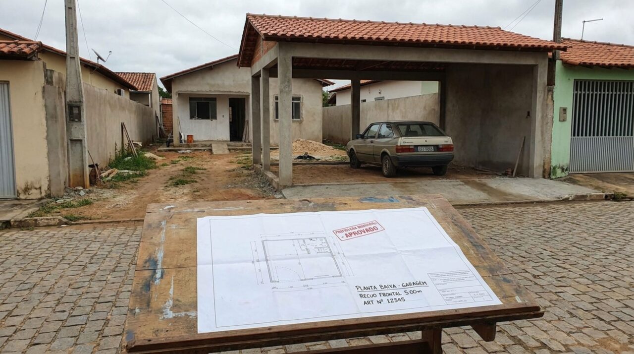 Família constrói garagem junto à frente do lote e, ao pedir a regularização da casa, descobre que o projeto ocupou o recuo frontal exigido pelas regras municipais