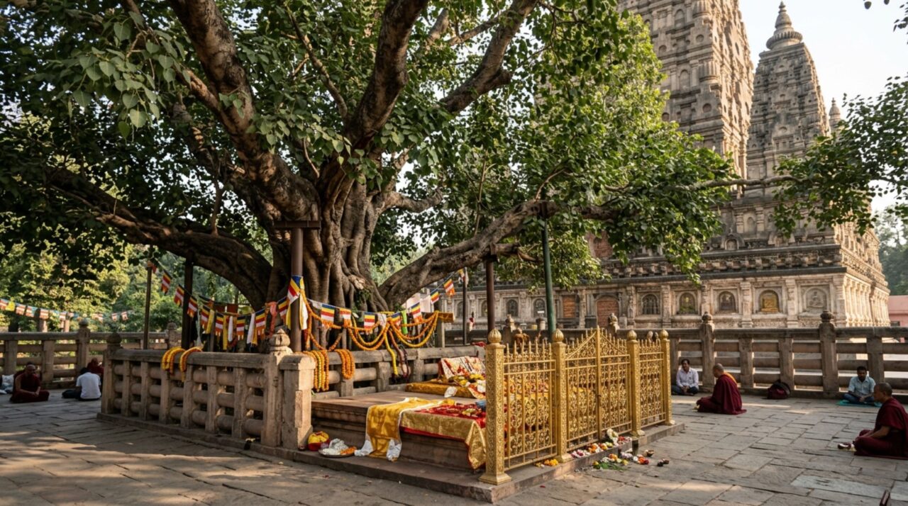 A árvore Bodhi e o Vajrasana marcam o local tradicionalmente associado à iluminação de Buda no complexo de Mahabodhi