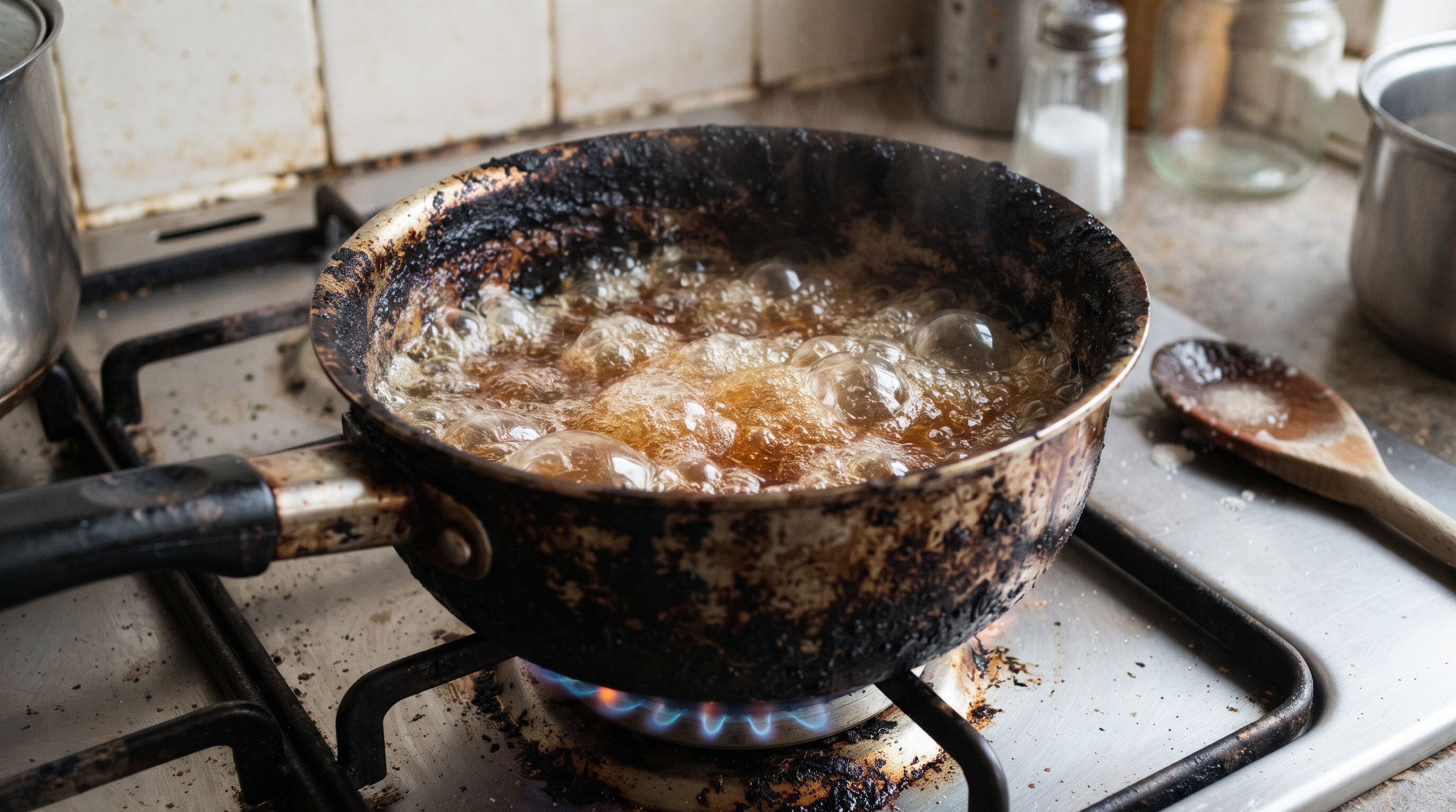 Ferver água com algumas colheres de açúcar na panela muito queimada: o segredo de avó que solta a crosta preta como mágica sem estragar o teflon