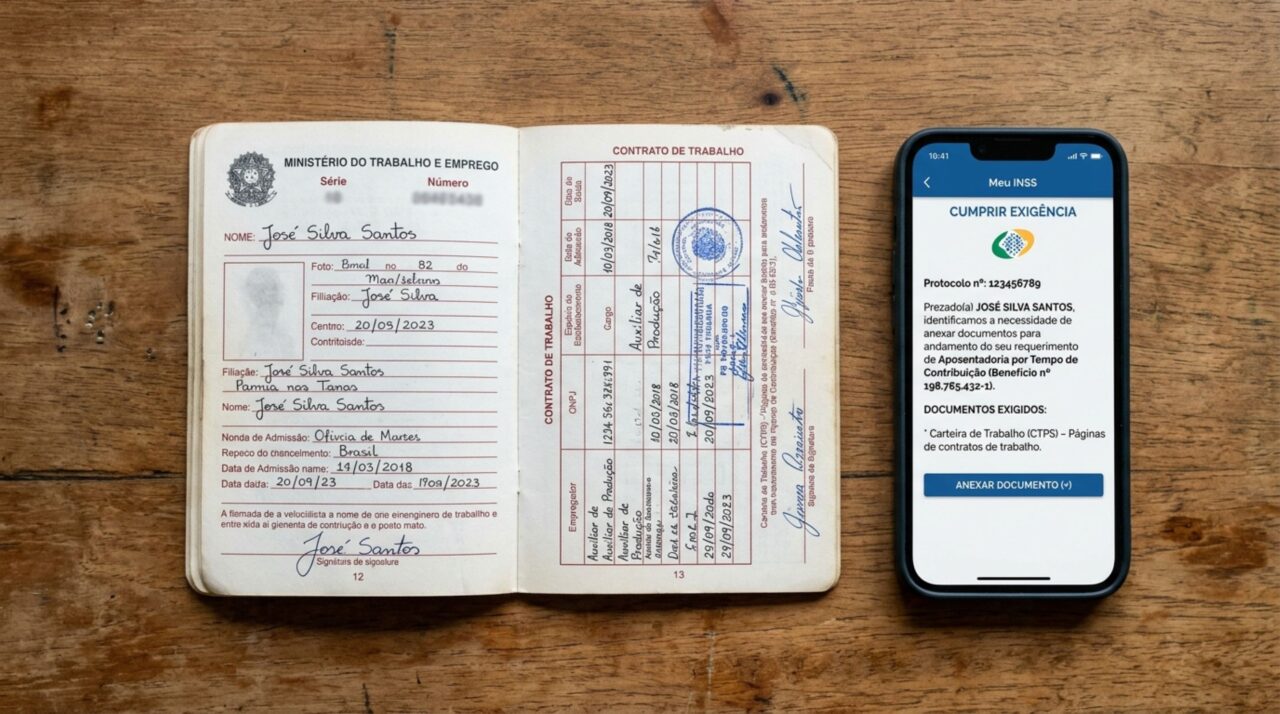 Segurada envia fotos cortadas da carteira de trabalho no Meu INSS, acredita que concluiu o pedido e encontra uma exigência para apresentar os documentos completos e legíveis