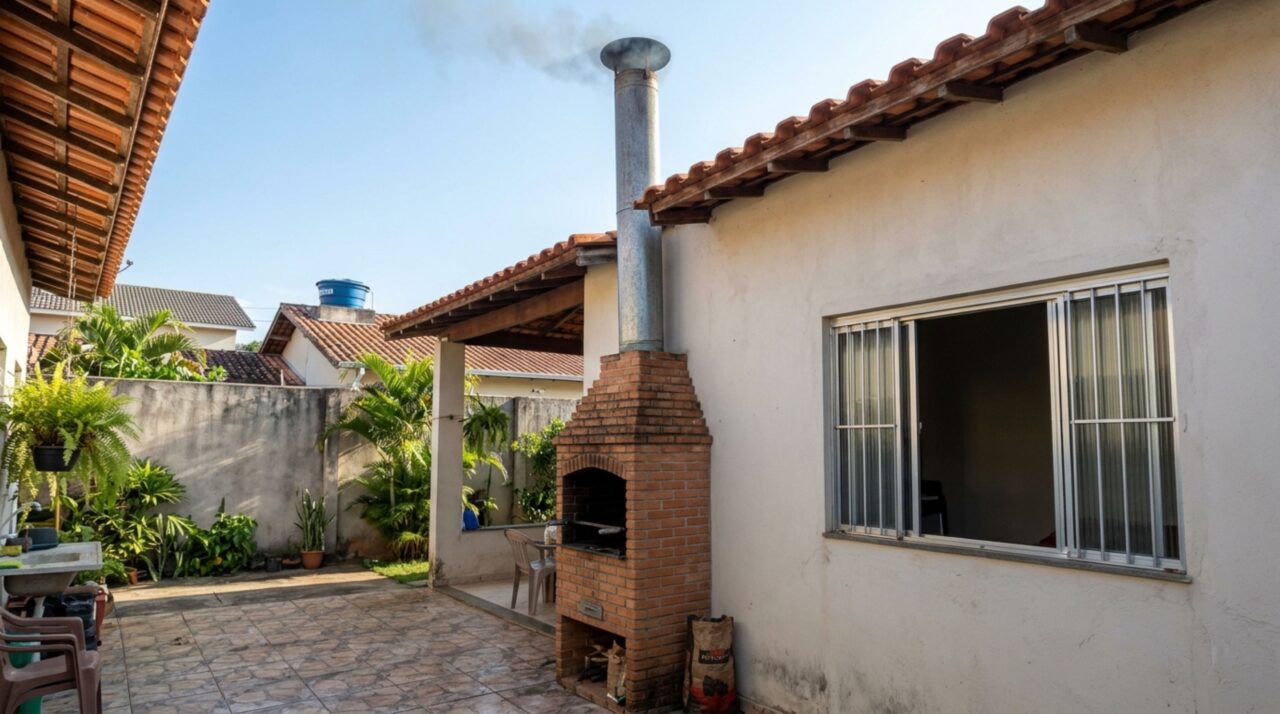 Churrasqueira de alvenaria com chaminé elevada conduzindo a fumaça para cima, longe da janela da residência vizinha