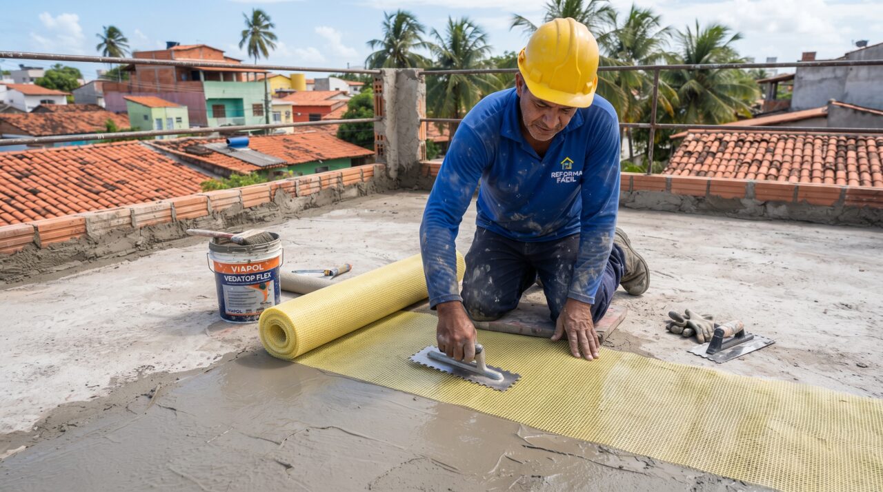O uso da tela de fibra de vidro no cimento para impermeabilizar terraços e evitar goteiras.
