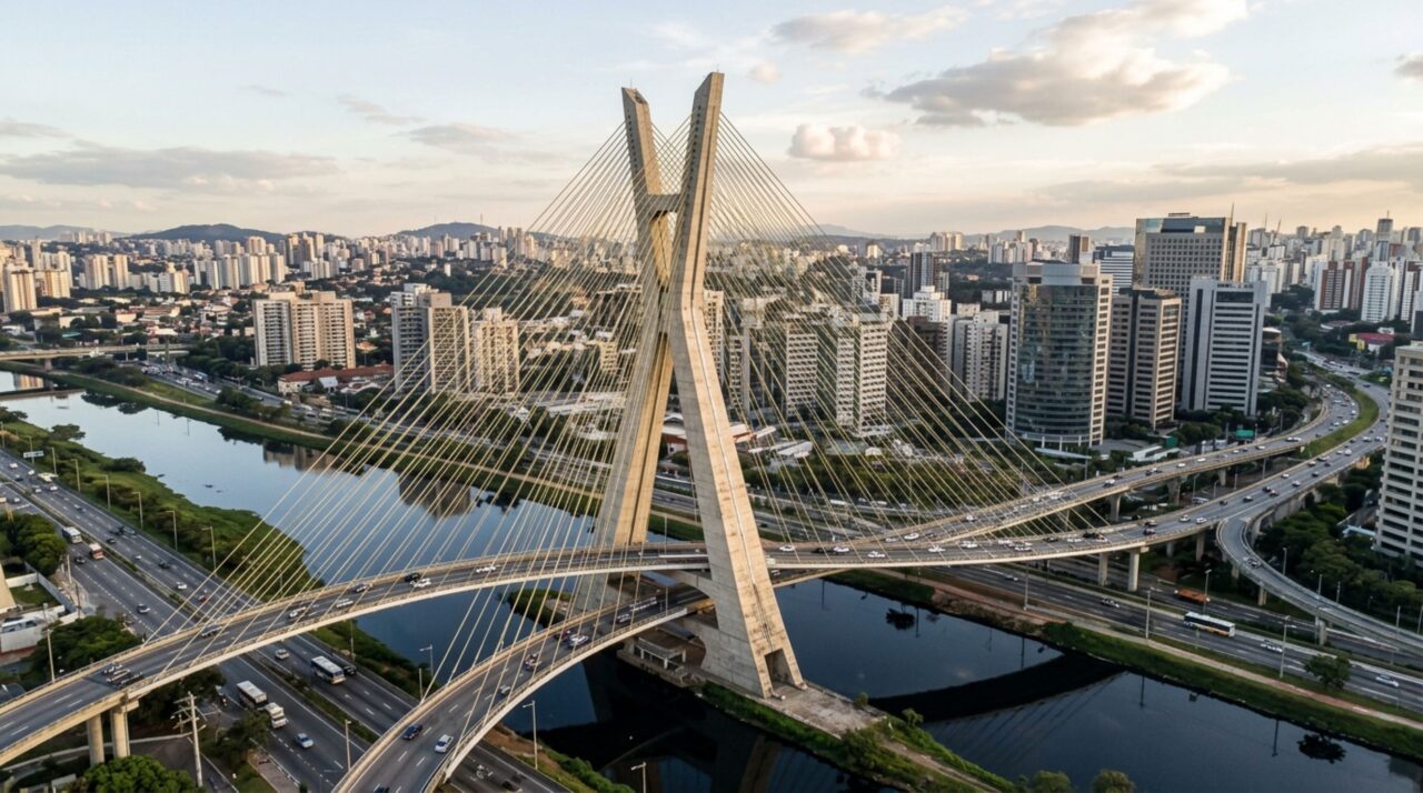 A ponte que parece impossível de flutuar, mas se mantém no ar porque cabos distribuem o peso entre torres e ancoragens
