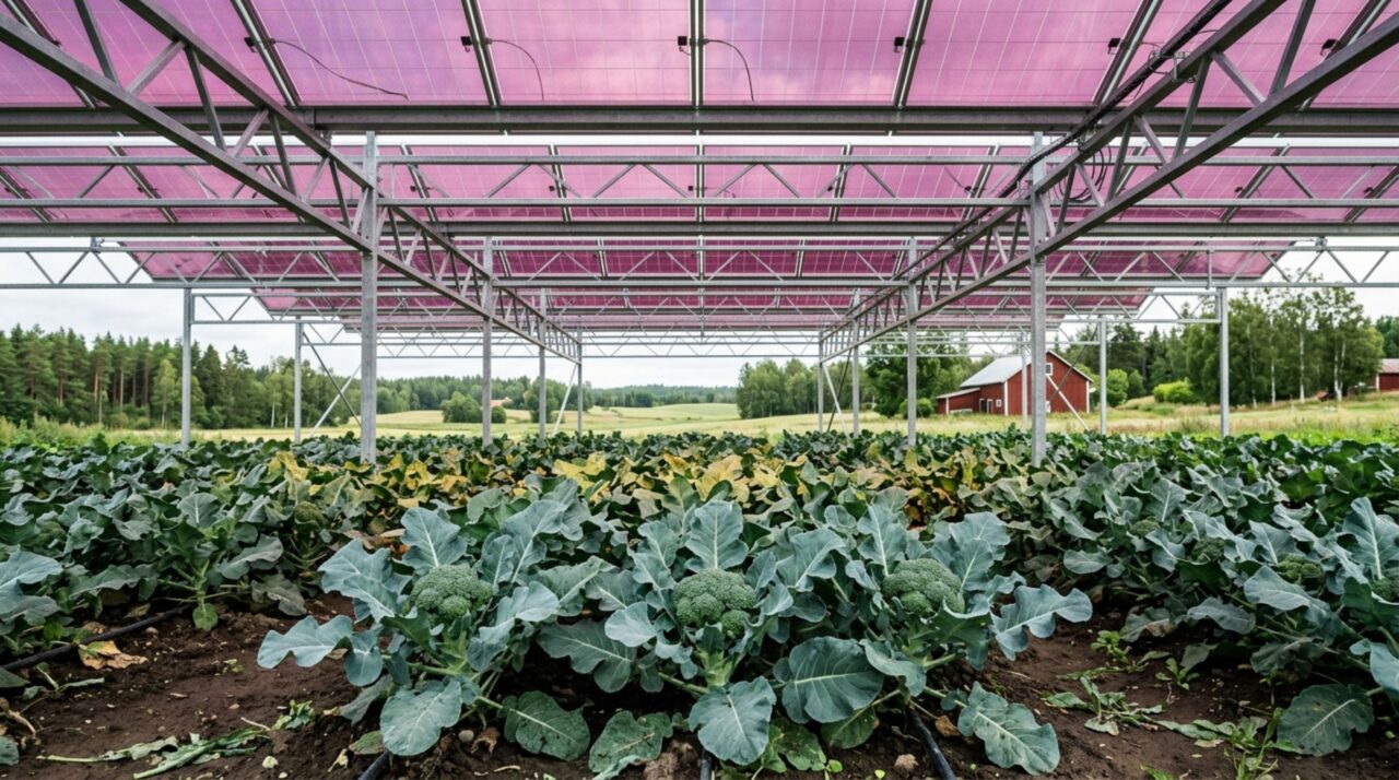 Painéis solares magenta deixaram o brócolis crescer até tamanho normal enquanto o mesmo terreno também produzia eletricidade