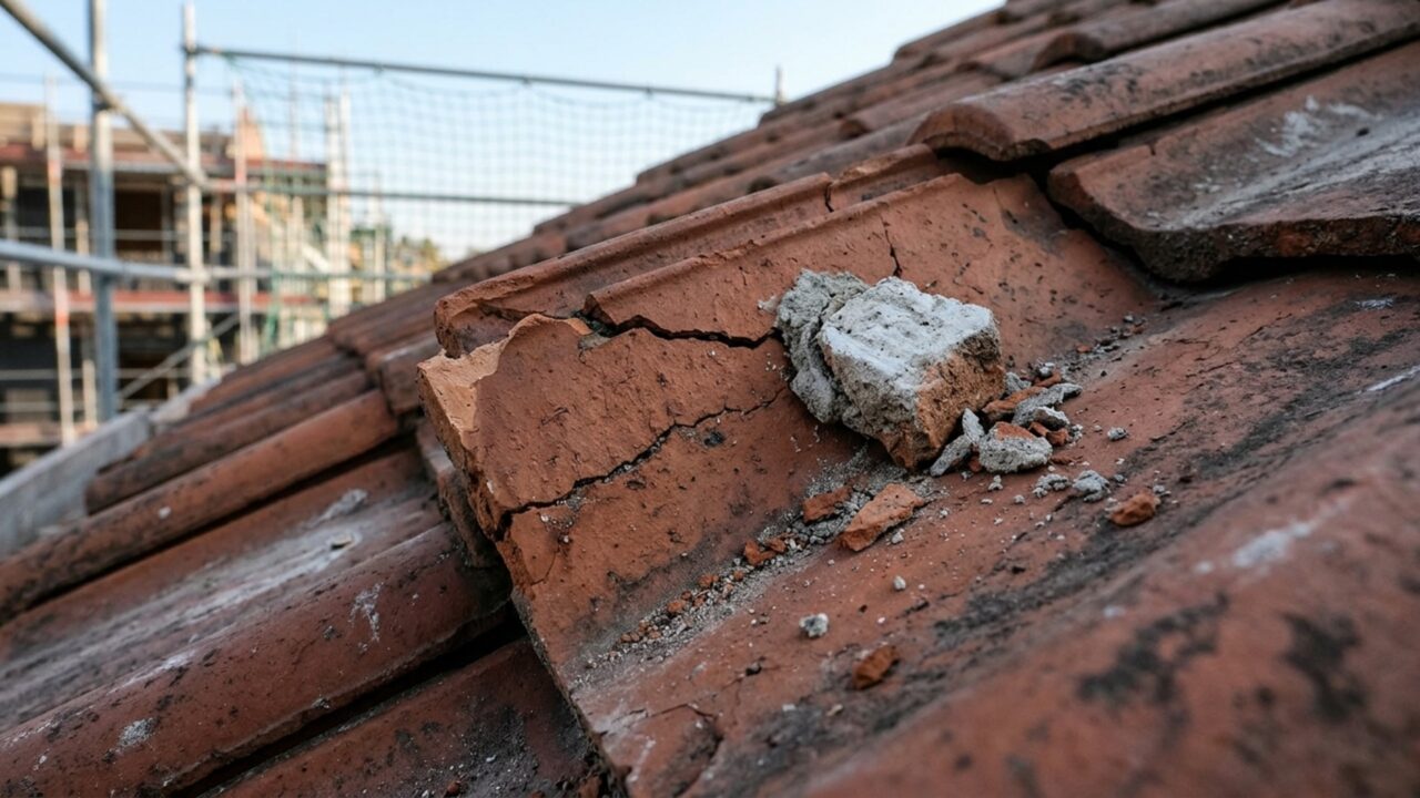 Durante a desmontagem dos andaimes de uma reforma, pedaços de argamassa caem sobre o telhado da casa ao lado e uma família encontra telhas quebradas acima do quarto das crianças