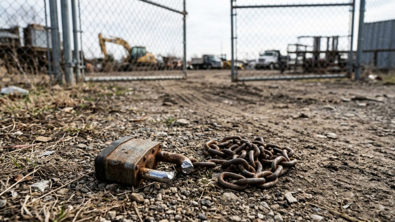 Morador chega ao terreno que mantém fechado e encontra máquinas estacionadas depois que uma equipe remove o cadeado para usar o espaço durante uma obra na mesma rua