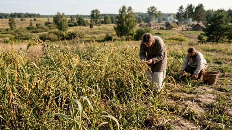 Reconstrução hipotética do cultivo de milheto na Polônia durante a Idade do Bronze, onde evidências alimentares indicam seu consumo por volta de 1590 a.C.