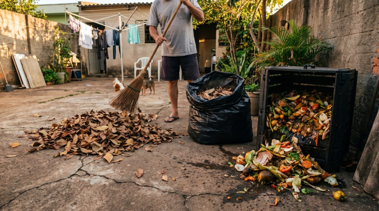 Quem varre as folhas secas do quintal pode estar retirando justamente um dos materiais úteis para uma composteira doméstica