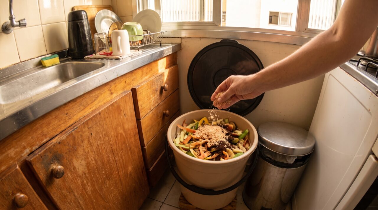 Uma família separa restos da cozinha por algumas semanas e descobre que a compostagem doméstica não exige uma propriedade rural
