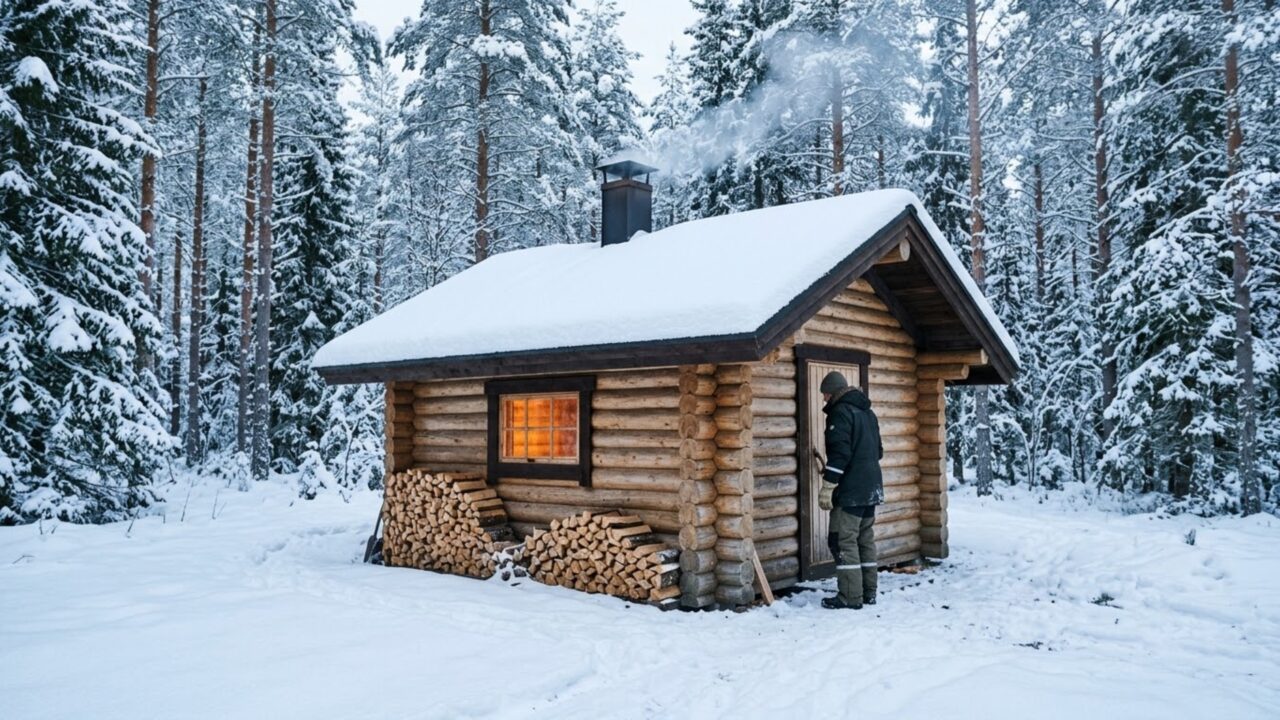 Cabana de troncos na Finlândia e abrigo para o inverno
