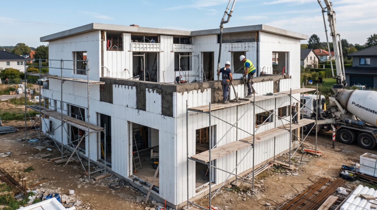 Sistema construtivo modular com painéis e perfis de PVC preenchidos com concreto