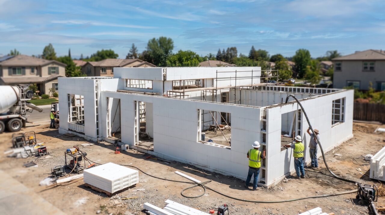 Painéis ocos de plástico que se encaixam como peças de brinquedo e recebem concreto dentro, erguendo moradias laváveis e imunes a pragas na velocidade da luz