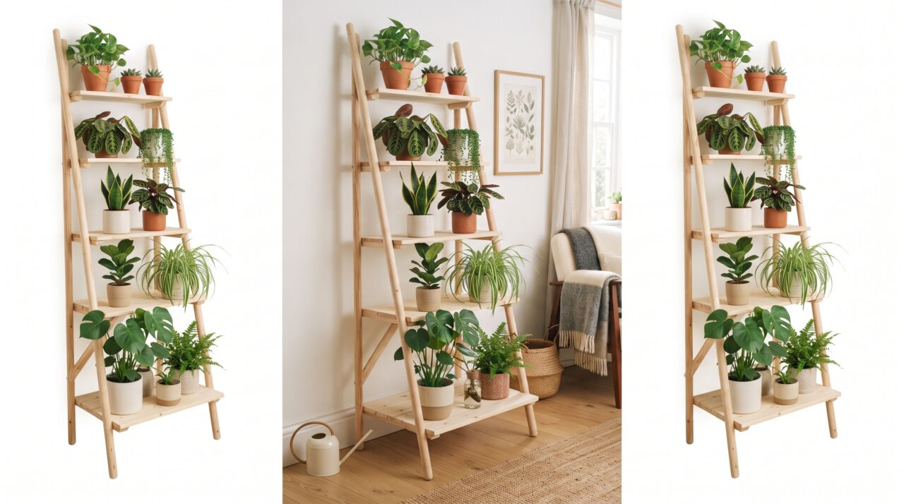 Como fazer um suporte vertical de plantas estilo escandinavo usando cabos de vassoura e tábuas.