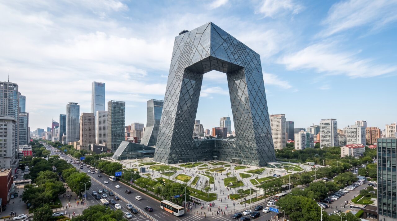Desafiando a gravidade com um formato de “loop” contínuo e duas torres inclinadas que se encontram a 162 metros do chão, o edifício de vidro é um verdadeiro quebra-cabeça geométrico contra as leis da física
