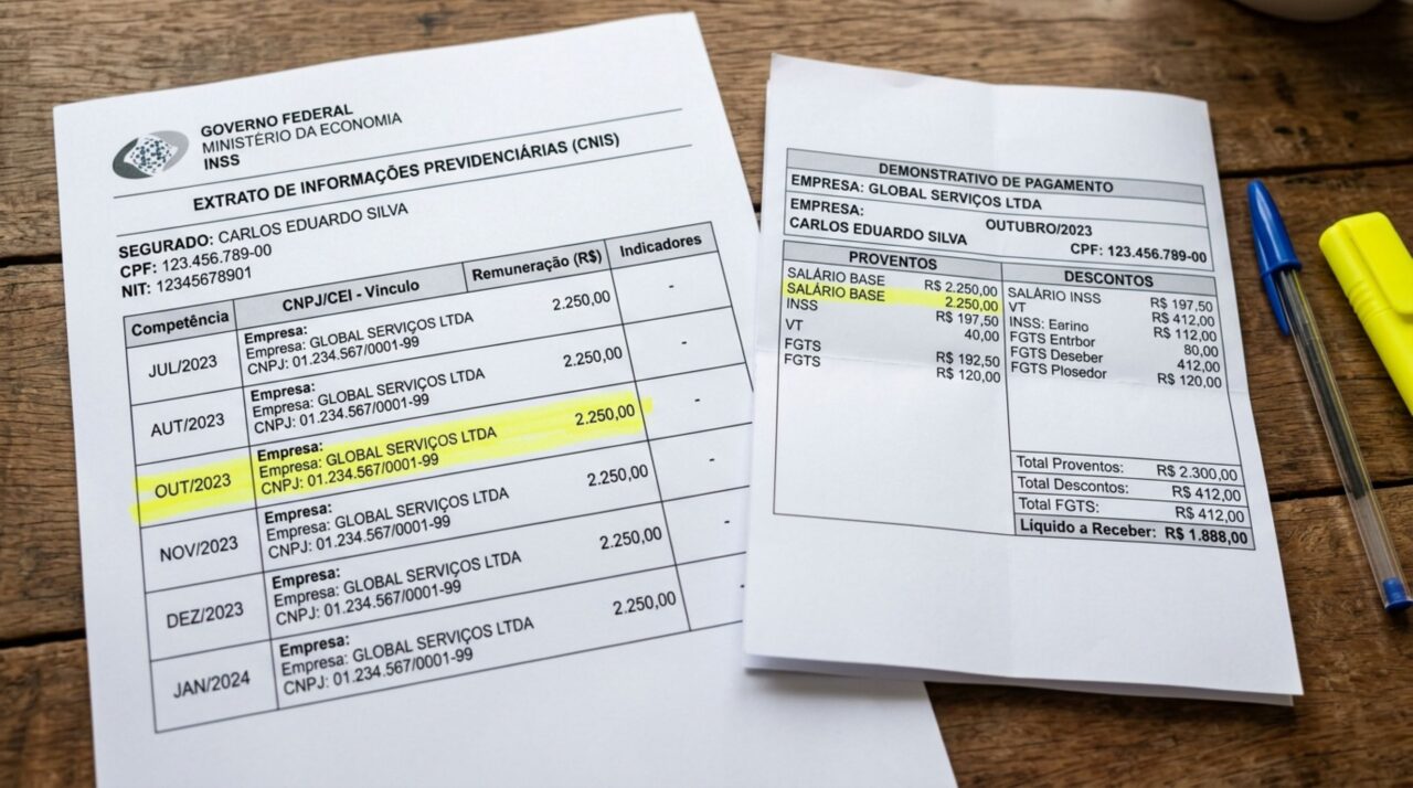 Trabalhador compara seus contracheques com o CNIS, encontra salários registrados abaixo do que recebia e descobre quais informações precisa corrigir antes de pedir a aposentadoria