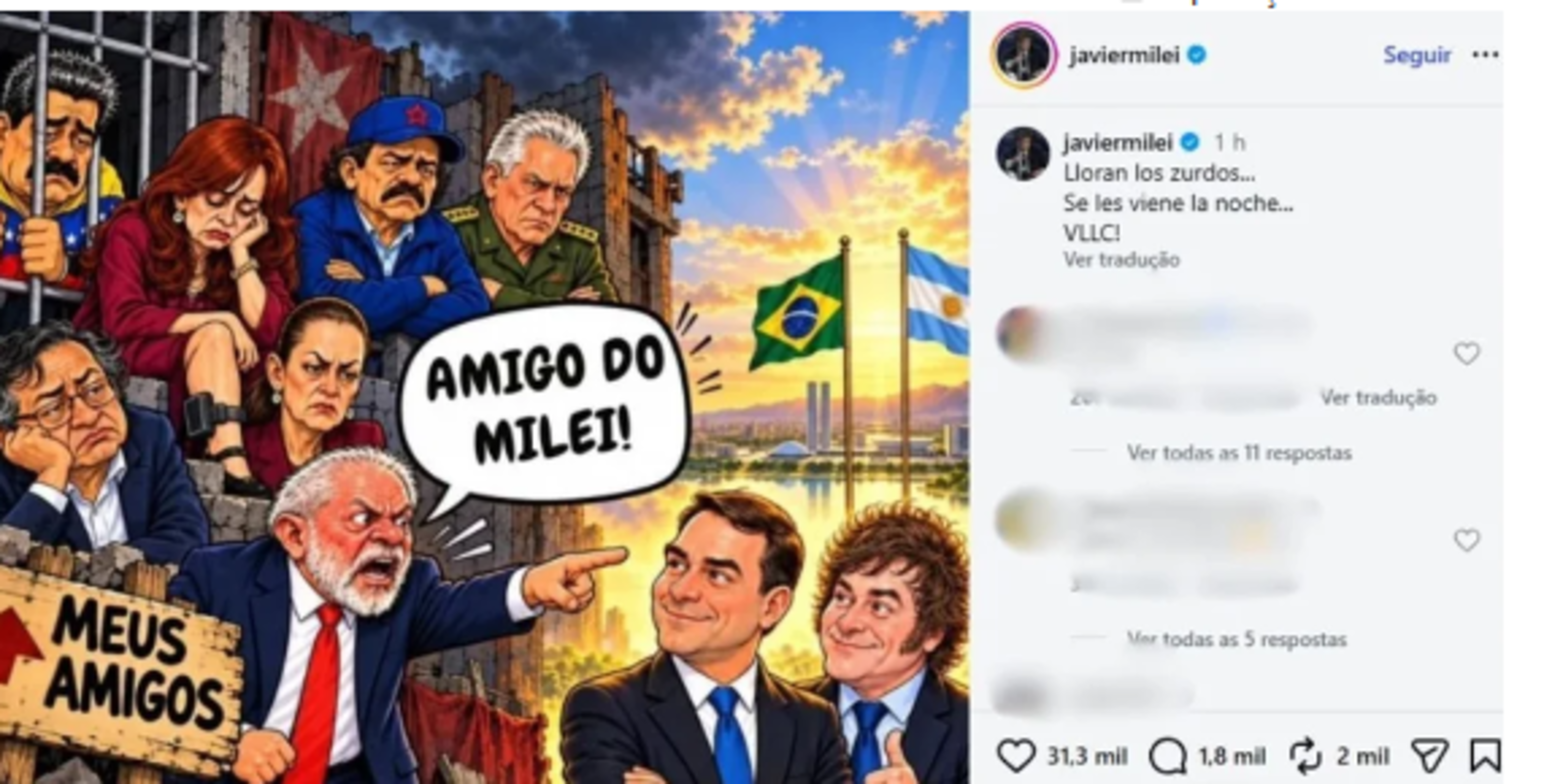 Crusoé: Milei provoca Lula com caricatura após citação em debate