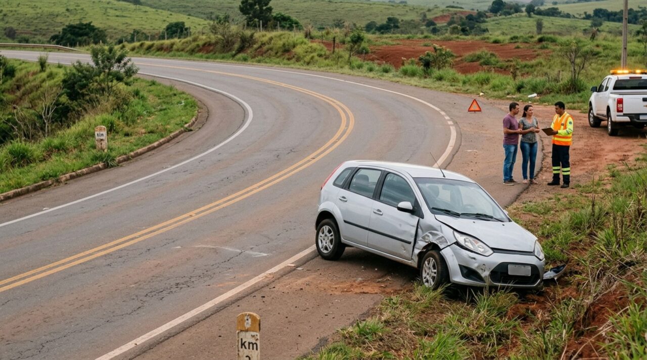 Casal viaja de carro por uma rodovia estadual, encontra um trecho sem proteção lateral depois de uma curva e sofre um acidente ao sair da pista, levando a família a questionar a responsabilidade do órgão rodoviário