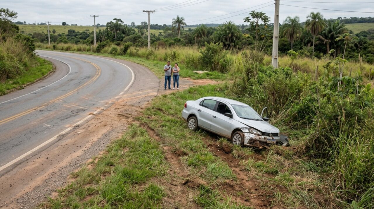 Casal viaja de carro por uma rodovia estadual, encontra um trecho sem proteção lateral depois de uma curva e sofre um acidente ao sair da pista, levando a família a questionar a responsabilidade do órgão rodoviário