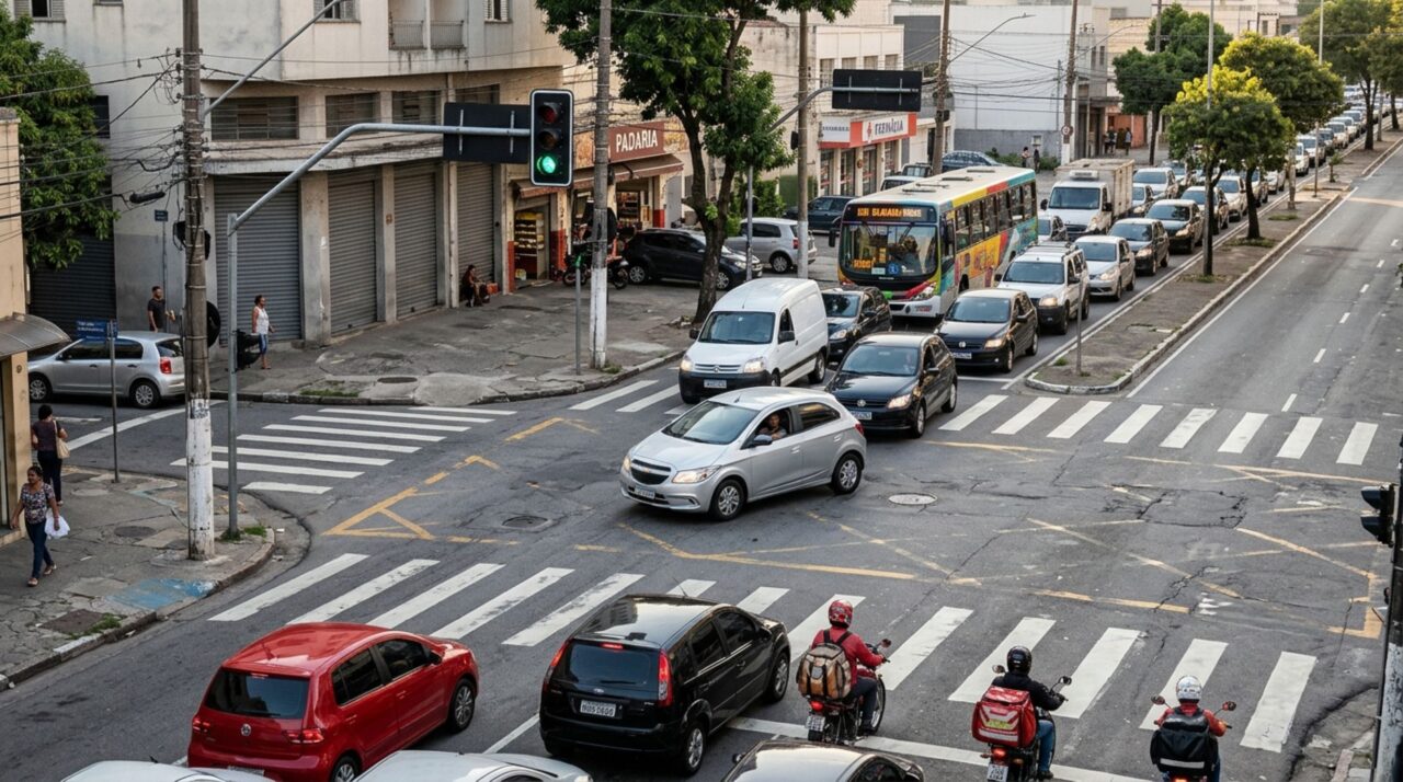 Motorista tenta atravessar um cruzamento quando o semáforo ainda está verde, fica preso no meio da via por causa do trânsito e descobre que a luz favorável não autoriza bloquear a passagem dos outros carros