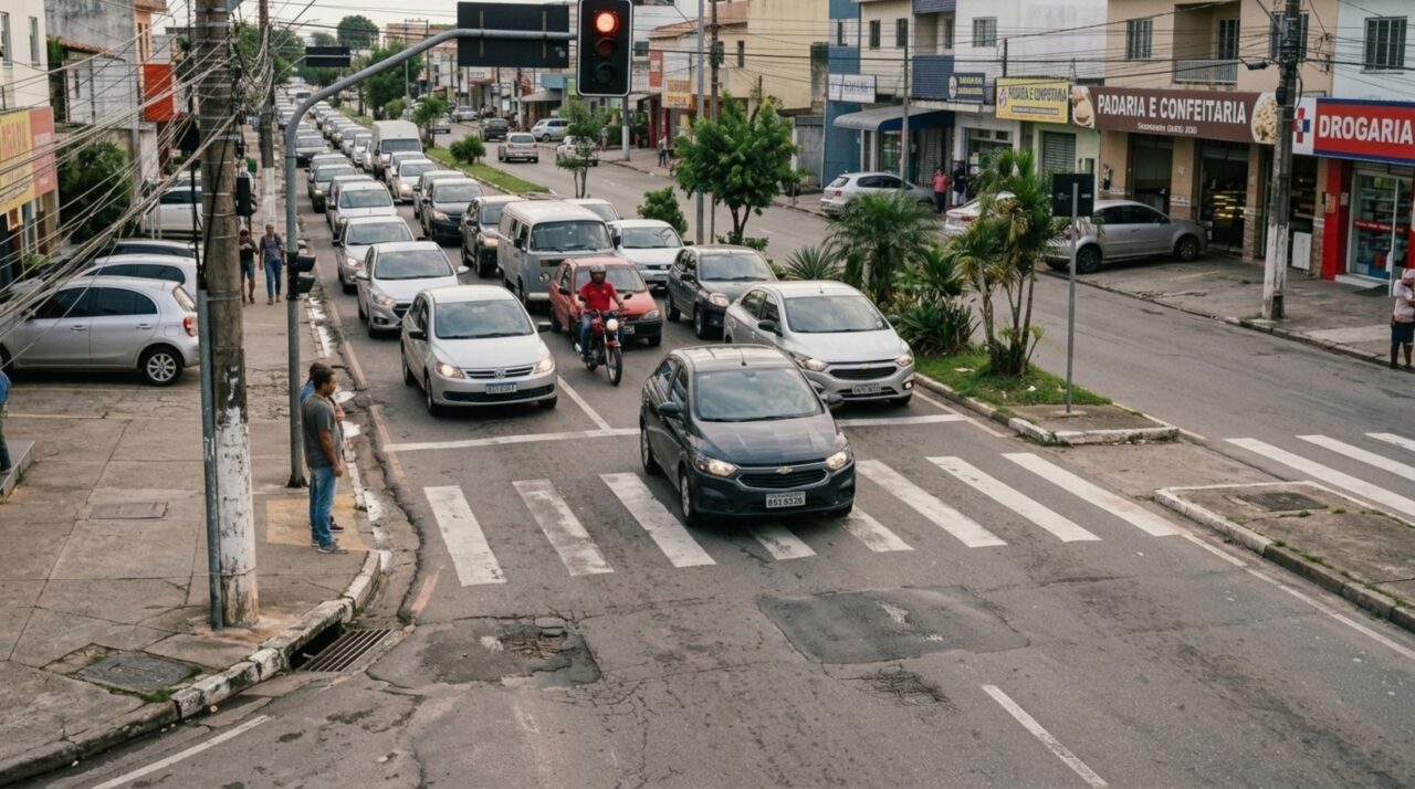 Motorista avança lentamente durante um congestionamento, o sinal fecha quando seu carro está sobre a faixa de pedestres e ele descobre por que parar nesse local pode gerar uma infração, mesmo sem intenção