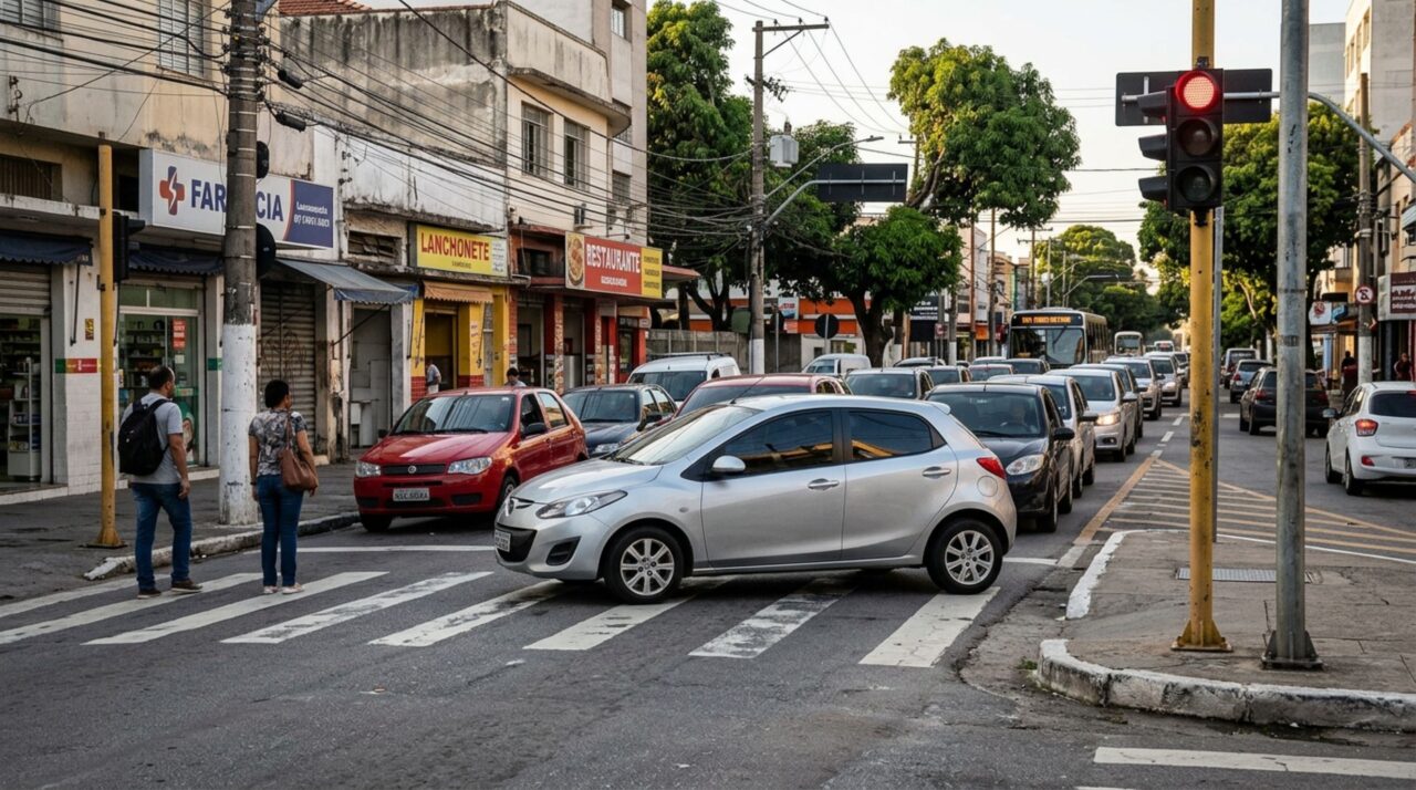 Motorista avança lentamente durante um congestionamento, o sinal fecha quando seu carro está sobre a faixa de pedestres e ele descobre por que parar nesse local pode gerar uma infração, mesmo sem intenção