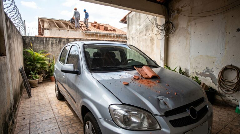Casal contrata pedreiros para trocar o telhado, uma telha cai sobre o carro estacionado na garagem vizinha e dono do veículo exige indenização, mas contrato revela quem assumiu a execução da obra