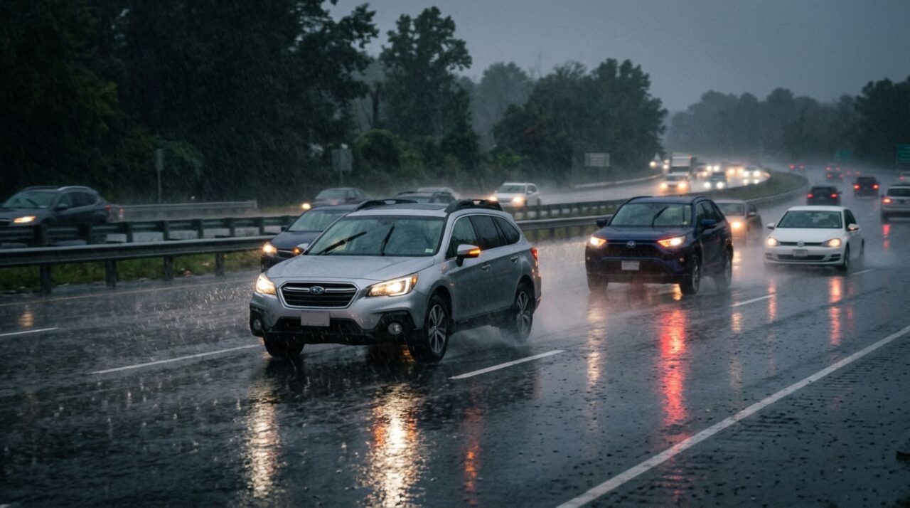 Motorista liga o pisca-alerta durante uma chuva forte e continua dirigindo, mas percebe que os outros condutores deixam de entender quando ele realmente pretende mudar de faixa