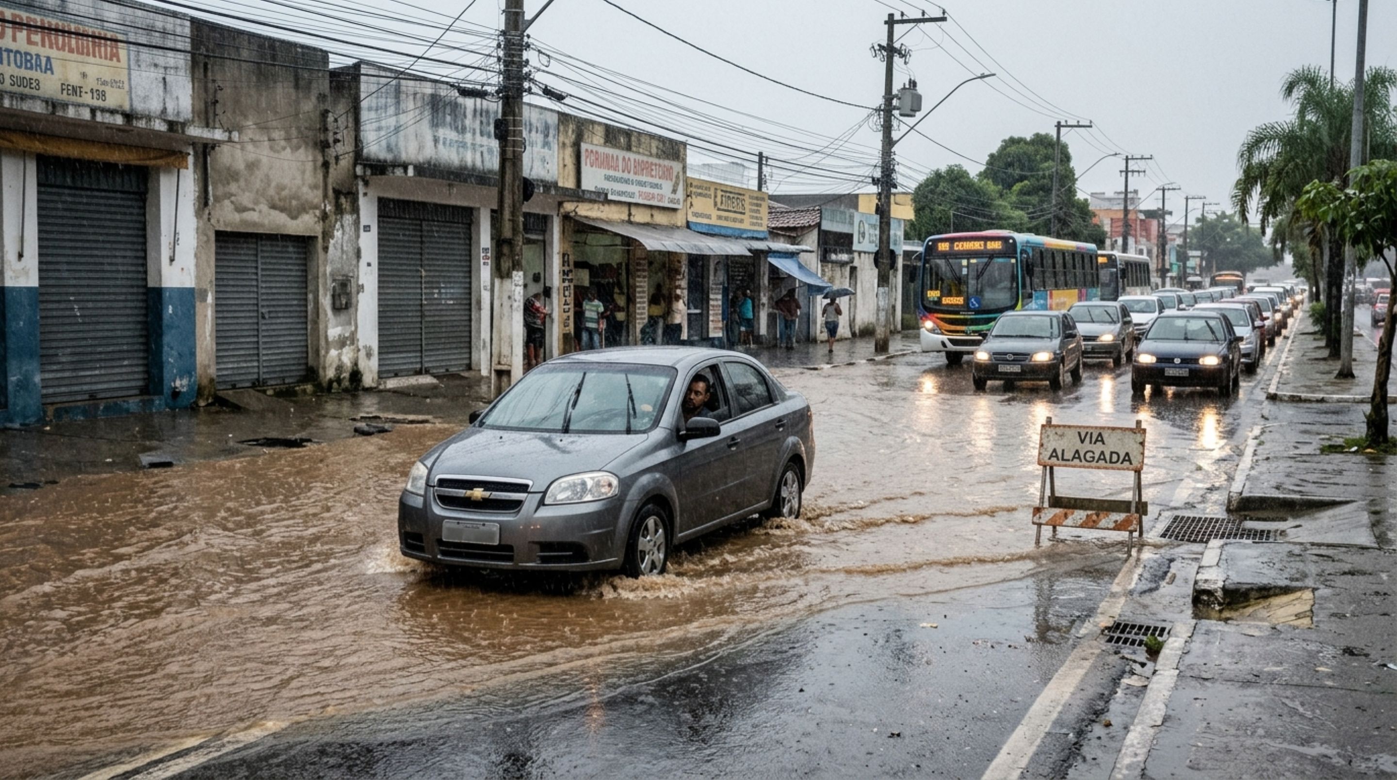 Motorista atravessa um trecho alagado para não perder tempo em um congestionamento e descobre que insistir na passagem tem consequências no CTB, além dos prejuízos causados ao próprio carro - Foto