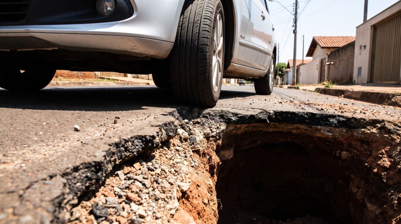 Uma estrada pode parecer sólida na superfície enquanto dezenas de pequenas cavidades começam a crescer por baixo depois que a água encontra uma saída no aterro