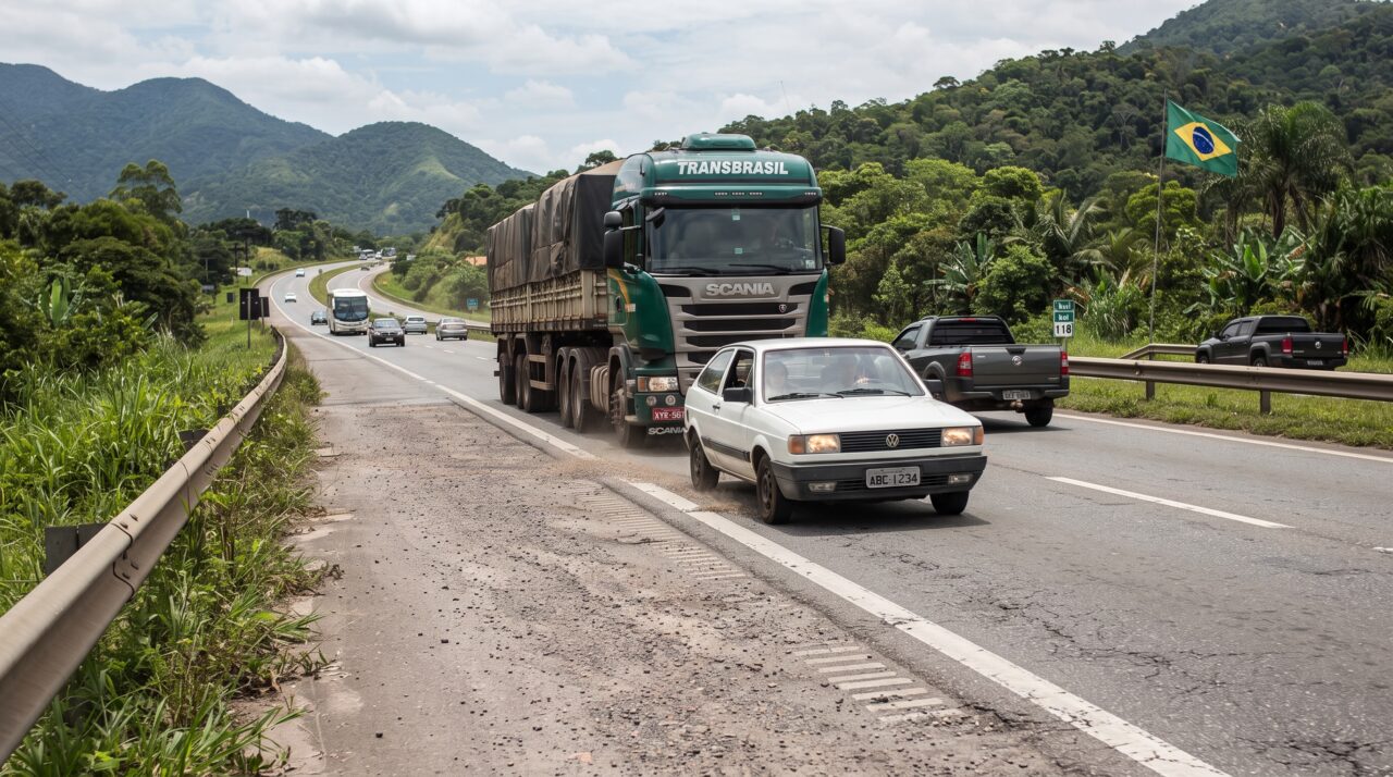 Motorista apressado usa o acostamento da rodovia para ultrapassar uma carreta lenta, é flagrado por radar inteligente e recebe punição severa