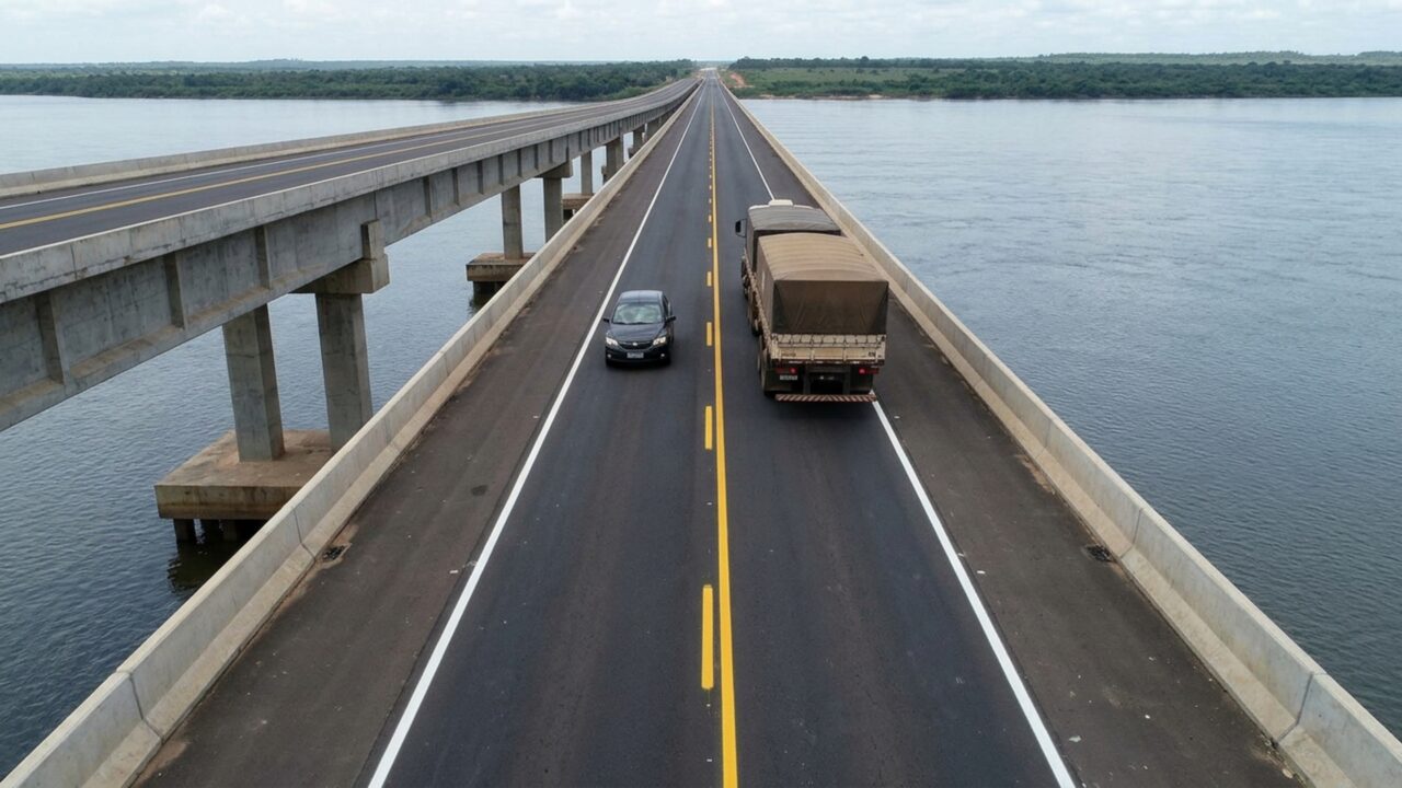 Uma ponte de 1,7 km e acessos de 800 metros foram construídos por R$ 250 milhões para eliminar uma travessia fluvial e conectar duas importantes regiões brasileiras
