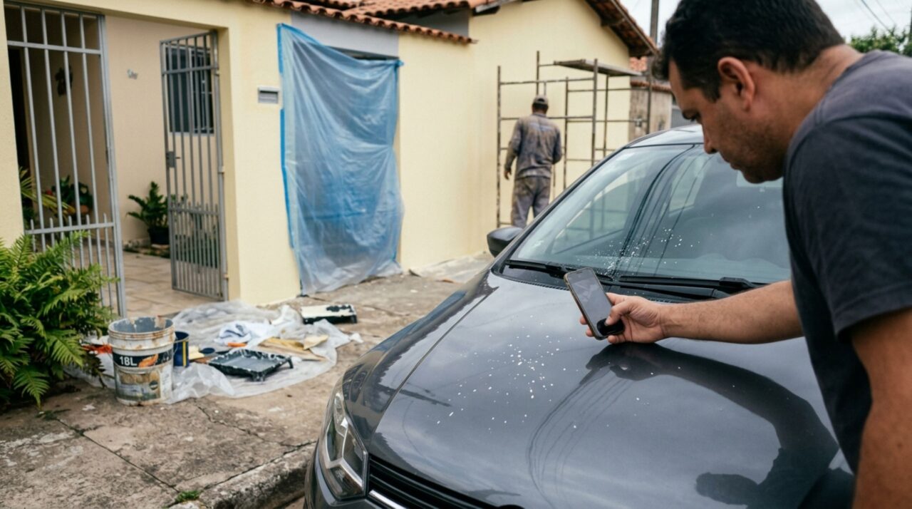 Família contrata uma empresa para pintar a fachada, tinta respinga sobre o carro do vizinho estacionado na rua e dono do veículo exige reparação, mas imagens mostram se havia proteção durante o serviço