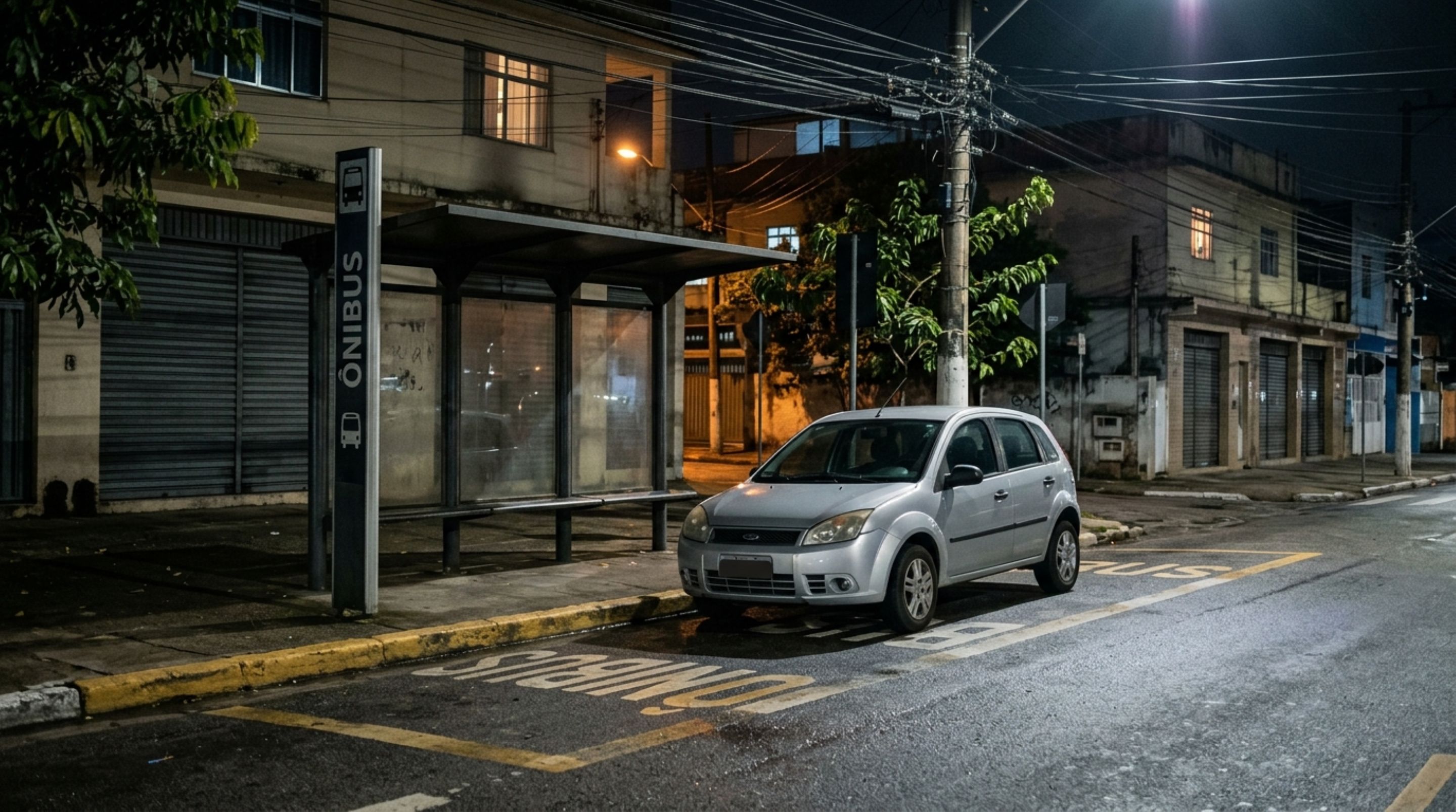 Motorista deixa o carro em um ponto de ônibus durante a madrugada, afirma que nenhuma linha circula naquele horário e descobre quando a sinalização e a área reservada continuam valendo